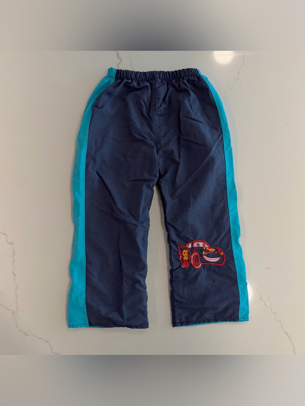 Navy Blue & Teal Kids Athletic Track Pants with Car Patch